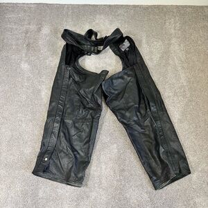 Vintage USA BIKERS DREAM APPAREL Black Leather Riding Biker Chaps Size 10 XL